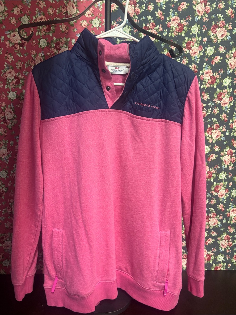 Vineyard Vines Pink Pullover with Navy Quilted Yoke